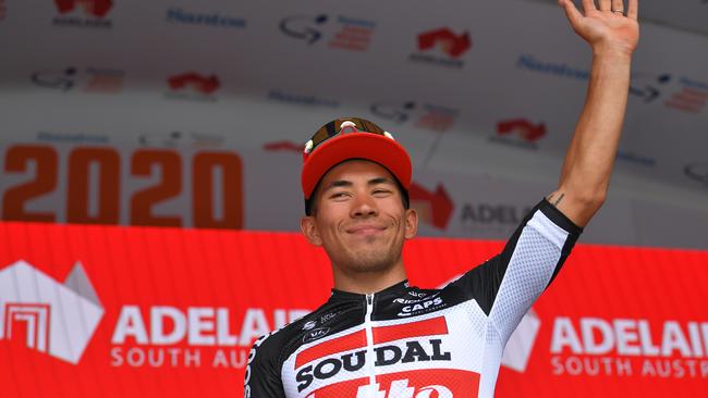 Caleb Ewan salutes the crowd after winning Stage 4 of the Tour Down Under on Friday. Picture: Tim de Waele/Getty Images