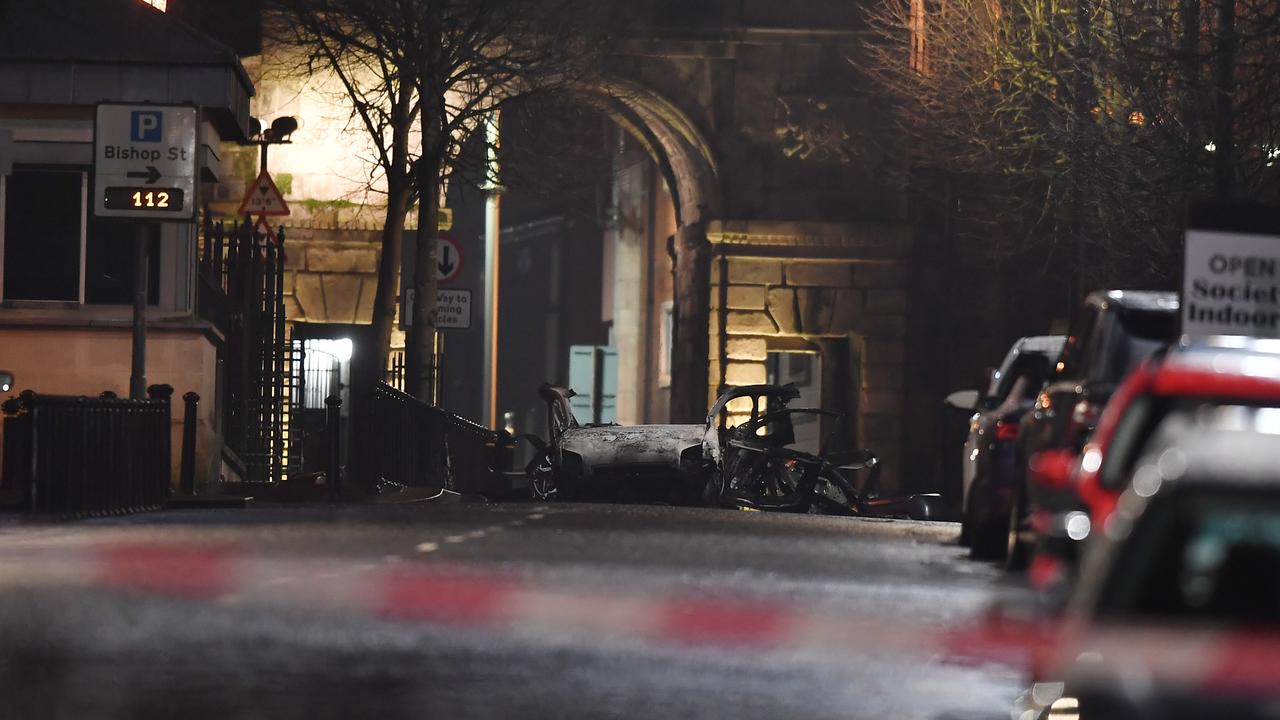 The remains of the car that was hijacked and packed with explosives before being detonated outside Derry court in January. Picture: Getty Images