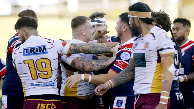 An altercation erupts involving many players. Picture: John Appleyard