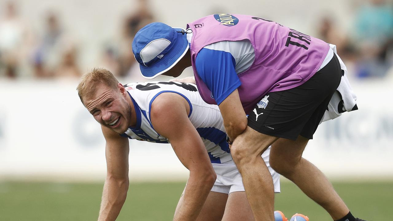 MELBOURNE, AUSTRALIA - MARCH 04: Ben McKay of the Kangaroos reacts after Aaron Naughton of the Bulldogs attempted to mark the ball against him during the AFL Practice Match between the Western Bulldogs and the North Melbourne Kangaroos at Ikon Park on March 04, 2023 in Melbourne, Australia. (Photo by Daniel Pockett/AFL Photos/via Getty Images )