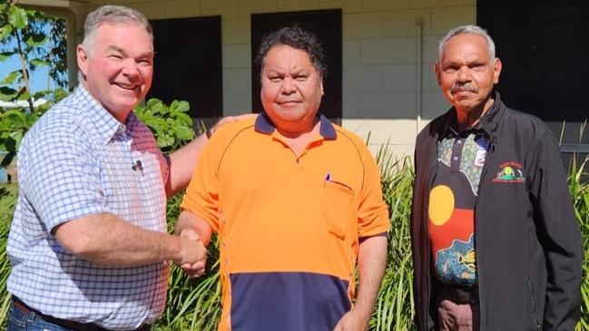 Townsville MP Scott Stewart published a photograph on social media of his visit to Palm Island, with resident Leon who he said would like to own his own home, and Mayor Alf Lacey. Picture: Facebook.