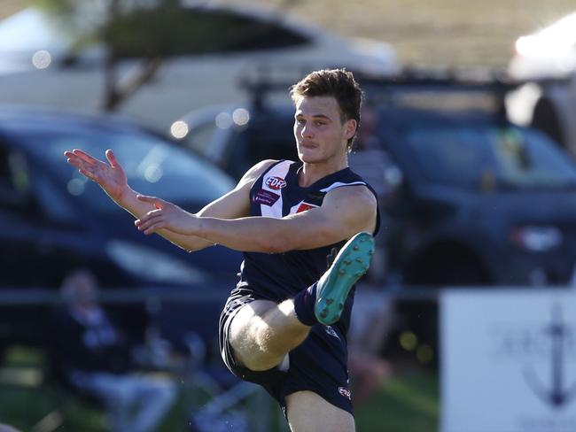 EDFL footy: Avondale Heights v Aberfeldie ( light blue )Avondale Heights 2 Aaron Clarke kicks a goal.Picture: Stuart Milligan