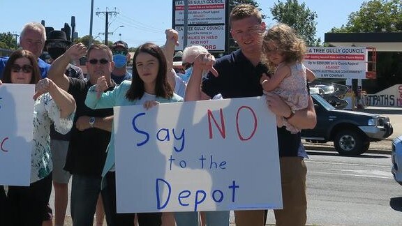 Protesters, including former councillor and new Newland MP Olivia Savvas and Tea Tree Gully Council Deputy Mayor Lucas Jones, at the site in December. Picture: Jason Katsaras