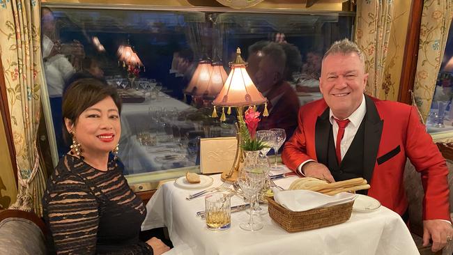 Jimmy and Jane Barnes on the Eastern and Oriental Express before the pandemic forced them home. Picture: Supplied/Killing Time/Jimmy Barnes