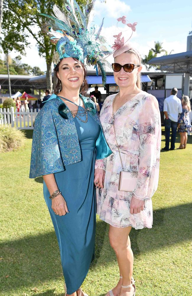 Simone Miller and Melanie Irvine at Ladies Oaks Day, Caloundra. Picture: Patrick Woods.