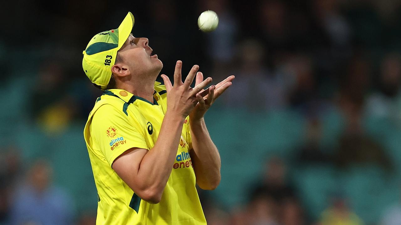 Josh Hazlewood catches Sam Curran off a delivery by Adam Zampa. Picture: Cameron Spencer/Getty Images