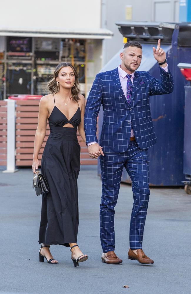 Steven May arrives with his partner Briana Jones. Picture: Richard Walker