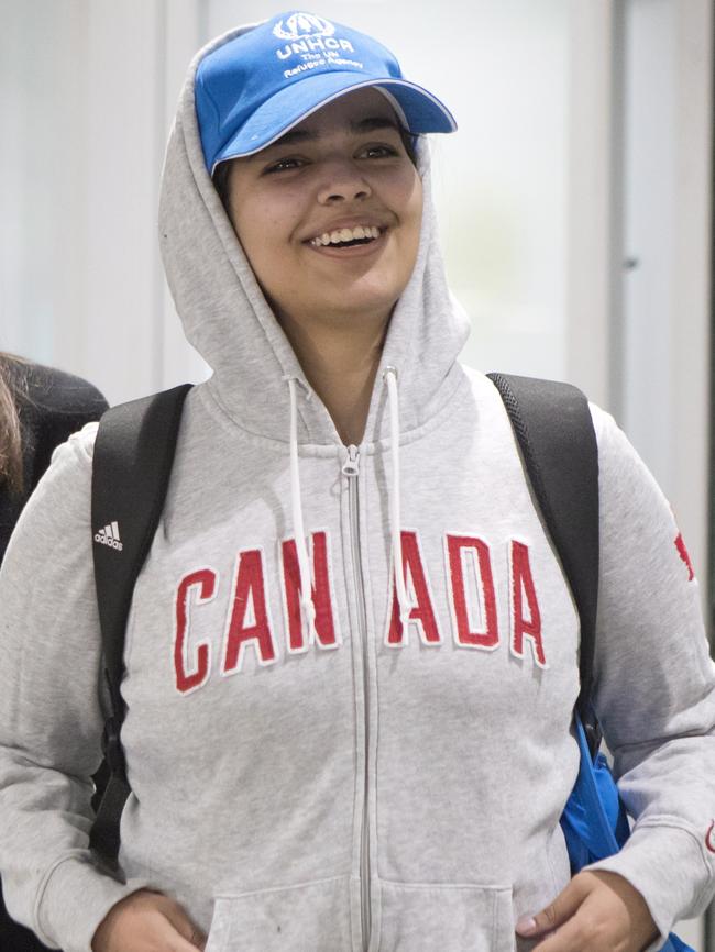 Rahaf Mohammed Alqunun, 18, arrives at Toronto Pearson International Airport. Picture: AP 