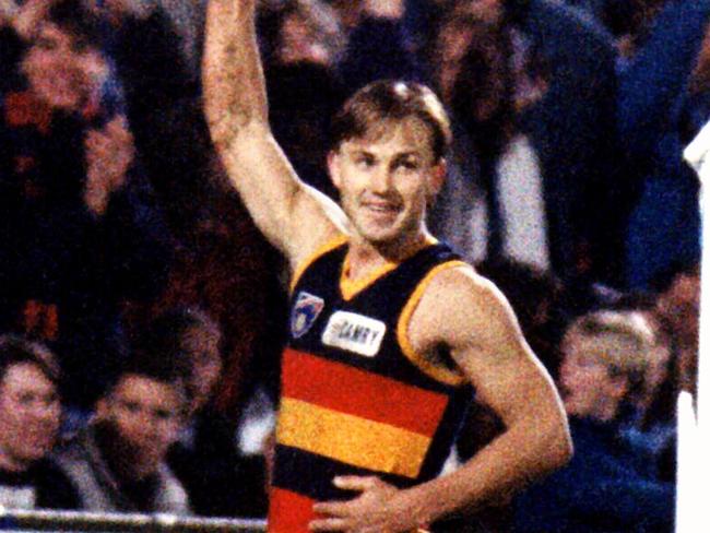 Footballer Tony Modra celebrating goal. AFL football - Adelaide Crows vs Richmond match at Football Park Jul 1993. a/ct