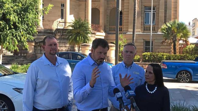 Labor's candidate for Capricornia Russell Robertson (left) with Minister Ed Husic, Senator Chris Ketter and Minister Linda Burney stand outside Rockhampton's Smart Hub on Quay St for the election announcement. Picture: Contributed