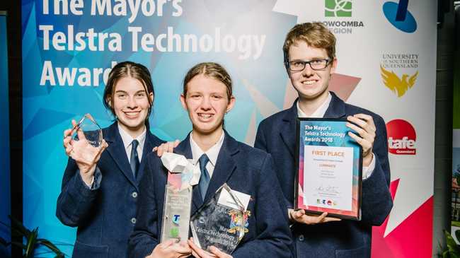 SMART KIDS: Toowoomba Christian College Year 11 students (from left) Amber Edser, Leia Freeman and Joshua Waterfall won the inaugural Mayor's Telstra Technology Awards. Picture: Contributed