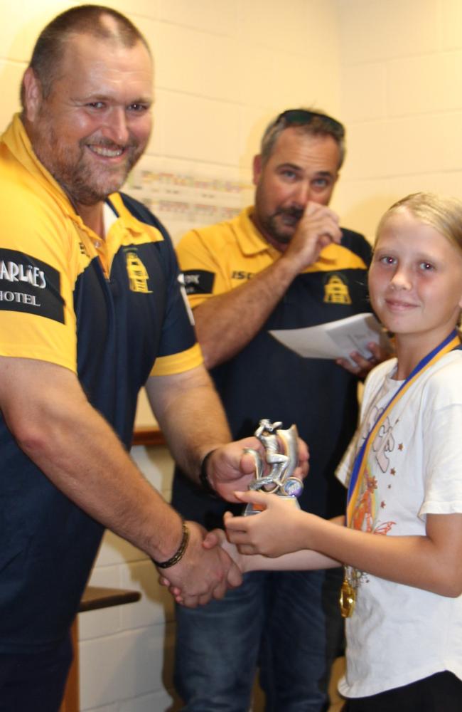 Wayde Goatham Congratulates Girls Bowling Aggregate winner Isabella Wilcox. Picture: Supplied