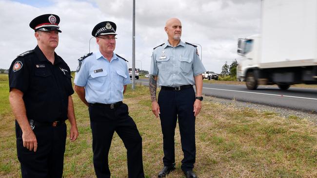 QFES Acting Inspector Patrick McGuire, QPS Superintendent Glenn Morris and QAS Acting Manager of Operations Shane Tucker. Picture: Tony Martin