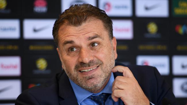 Socceroos coach Ange Postecoglou speaks to media in Sydney, Tuesday, October 31, 2017. Postecoglou today announced the Socceroos squad for the upcoming 2018 FIFA World Cup Intercontinental playoff against Honduras. (AAP Image/Dan Himbrechts) NO ARCHIVING