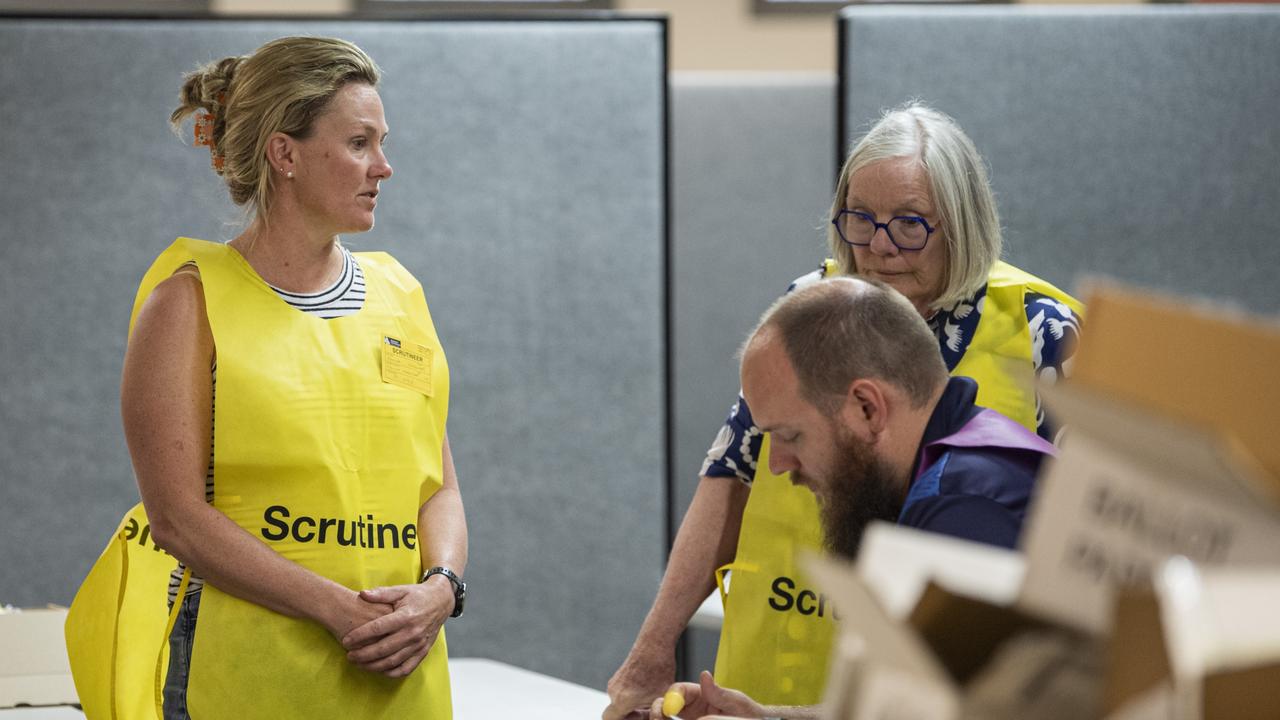 Candidate Edwina Farquhar observes the vote counting process in the Toowoomba Regional Council local government 2024 election, Sunday, March 17, 2024. Picture: Kevin Farmer