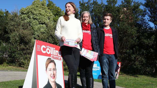 Julie Collins with supporters Margaret Luckman and son Alistair. Labor member for Franklin Julie Collins votes at Lindisfarne Primary School. Picture: Nikki Davis-Jones