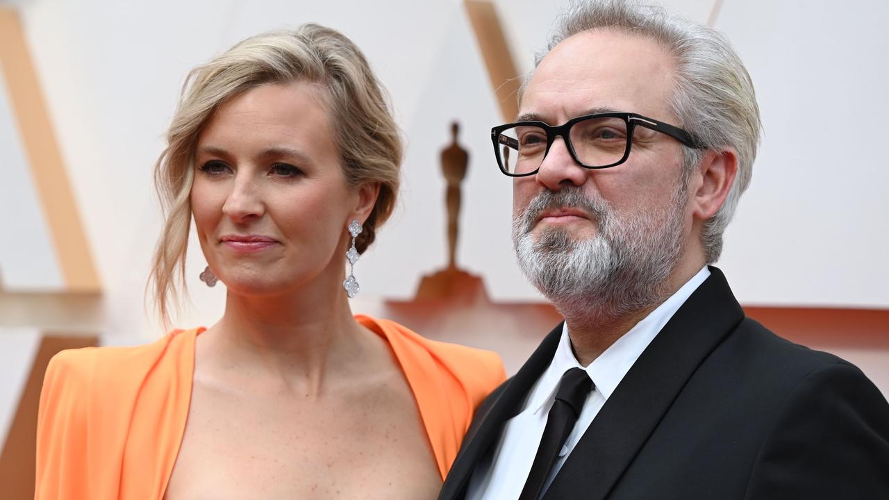 No nerves at all for 1917 director Sam Mendes as he walks the red carpet with his wife, Alison Balsom. Picture: AFP