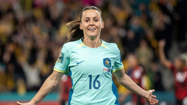 MELBOURNE, AUSTRALIA - JULY 31: Hayley Raso of Australia celebrates her 2nd goal during the FIFA Women's World Cup Australia &amp; New Zealand 2023 Group B match between Canada and Australia at Melbourne Rectangular Stadium on July 31, 2023 in Melbourne, Australia. (Photo by Will Murray/Getty Images)