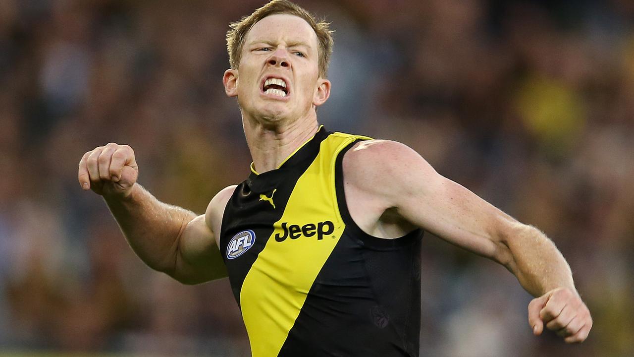 Jack Riewoldt celebrates his fourth quarter goal against the Magpies. Picture: Michael Klein