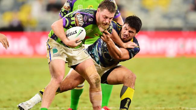 NRL; North Queensland Cowboys Vs Canberra Raiders at Queensland Country Bank Stadium, Townsville. Jordan McLean tackles Elliott Whitehead. Picture: Alix Sweeney