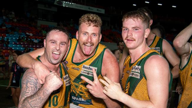 Jack Landt, Jackson Calder and Seth Harris celebrates their win in the 2023-24 NTFL Men's Grand Final between Nightcliff and St Mary's. Picture: Pema Tamang Pakhrin