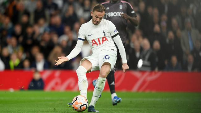 James Maddison of Tottenham Hotspur scores the team's second goal. Photo by Justin Setterfield/Getty Images.