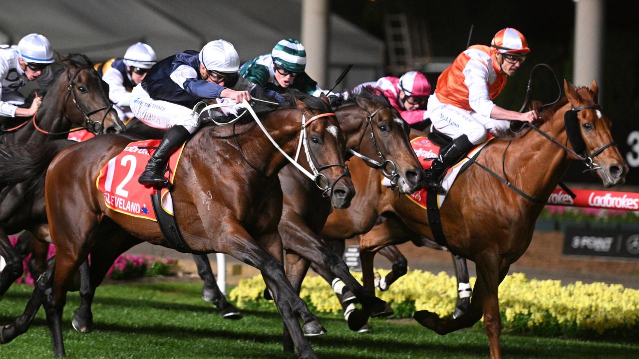 MELBOURNE, AUSTRALIA - OCTOBER 27: James McDonald riding Cleveland defeats Vow And Declare winning Race 7, the Ladbrokes Moonee Valley Gold Cup, during Melbourne Racing at Moonee Valley Racecourse on October 27, 2023 in Melbourne, Australia. (Photo by Vince Caligiuri/Getty Images)