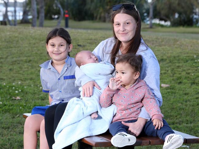 Alexi Bennett with her children Leilani, Alaysia and baby Kross. Picture: Richard Gosling.