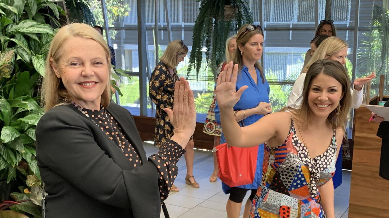 Noosa MP Sandy Bolton and Ruby Sillato practice social distancing.