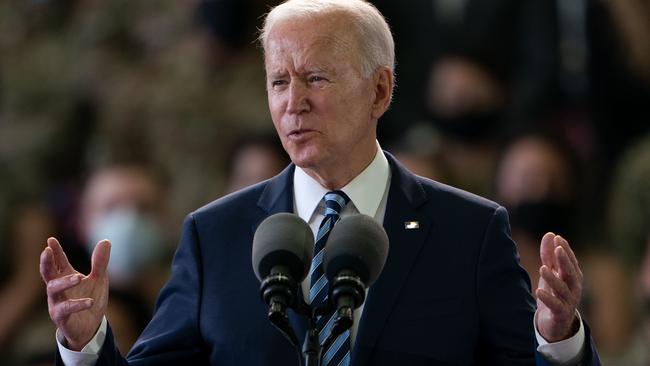 Joe Biden addresses US Air Force personnel at RAF Mildenhall in Suffolk, ahead of the G7 summit in Cornwall. Picture: Pool/Getty Images)