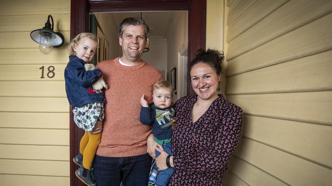 North Hobart's Andy 'Tubes' Taylor with partner Erin Martin and kids Molly Taylor, 3 and Ray Taylor, 1. Picture: LUKE BOWDEN