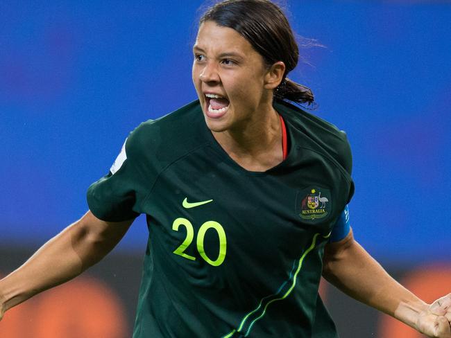 GRENOBLE, FRANCE - JUNE 18: Sam Kerr of Australia celebrates scoring her side's and her own fourth goal during the 2019 FIFA Women's World Cup France group C match between Jamaica and Australia at Stade des Alpes on June 18, 2019 in Grenoble, France. (Photo by Craig Mercer/MB Media/Getty Images)