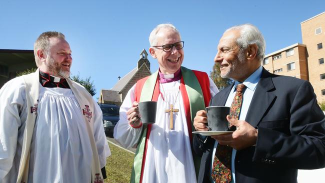 Father Rod Bower and Bishop of Newcastle Greg Thompson with Doctor Ibrahim Abo-Mohammed, Grand Mufti of Australia, after a Solidarity Interfaith Service, at the Anglican Parish of Gosford. Picture: Peter Clark