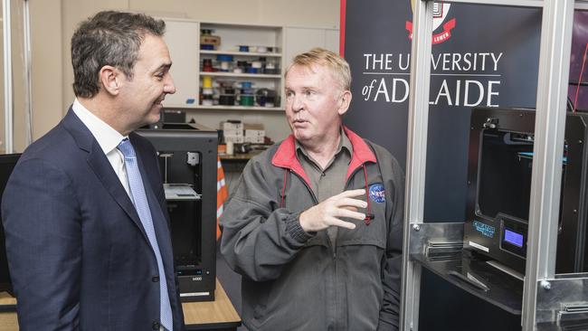 Adelaide's own Astronaut Andy Thomas calling for a Space HQ in SA with Premiere Steven Marshall at Adelaide University's 3D printing lab. Picture: Simon Cross