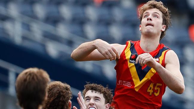 Barnett is a high-flying big man who is adept off of both sides of his body. Picture: Dylan Burns/AFL Photos via Getty Images