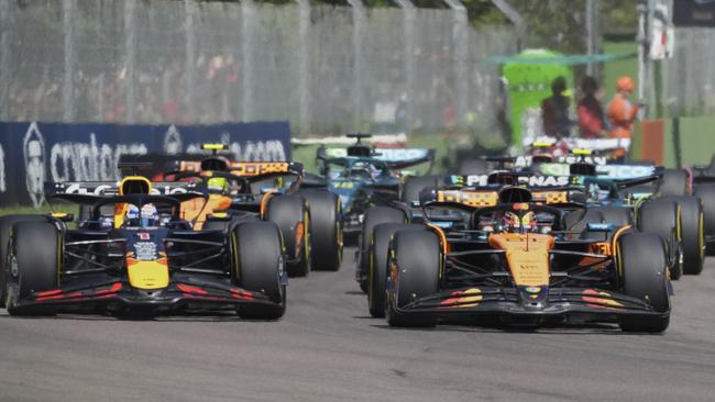 Verstappen and Piastri at the start of the Emilia-Romagna Grand Prix, moments before Piastri surrendered a lead he could not reclaim. (AP Photo/Antonio Calanni)