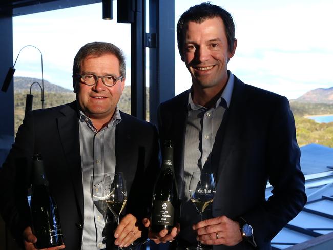 French Champagne expert Cyril Brun, Chef de Caves for Charles Heidsieck, left, with Australian wine critic Tyson Stelzer during the sparkling wine weekend at the Saffire Freycinet.