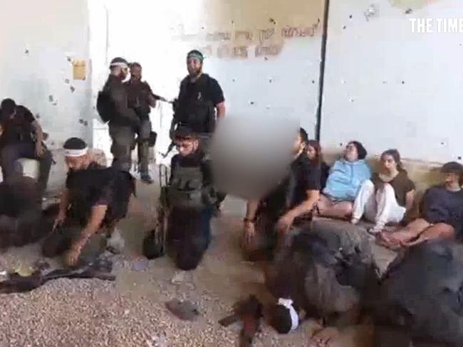 A still from footage showing the capture and abduction of Liri Albag, Karina Ariev, Agam Berger, Daniela Gilboa and Naama Levy at the Nahal Oz base on October 7, 2023. Picture: The Hostages Families Forum