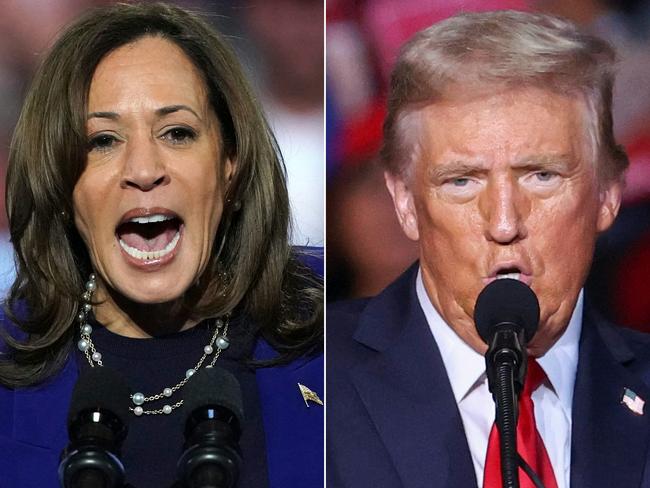 (COMBO) This combination of pictures created on October 31, 2024 shows US Vice President and Democratic presidential candidate Kamala Harris (L) speaking during a campaign rally at Reno Expo Center in Reno, Nevada, on October 31, 2024 and former US President and Republican presidential candidate Donald Trump speaking at a campaign rally at Lee's Family Forum in Henderson, Nevada, October 31, 2024..  (Photo by LOREN ELLIOTT and Ian Maule / AFP)