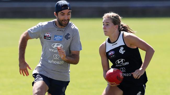 Former Blue Kade Simpson cut his coaching teeth as a forwards coach with Carlton’s AFLW team. Picture: Michael Klein