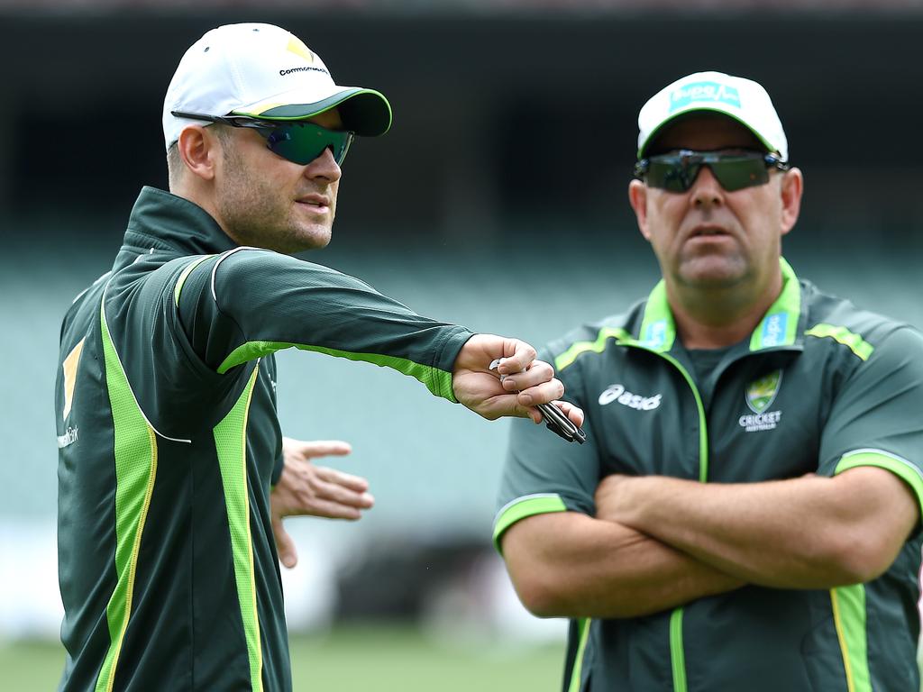 Captain Michael Clarke and coach Darren Lehmann a day out from the Adelaide Test. Picture: Dave Hunt/AAP Image