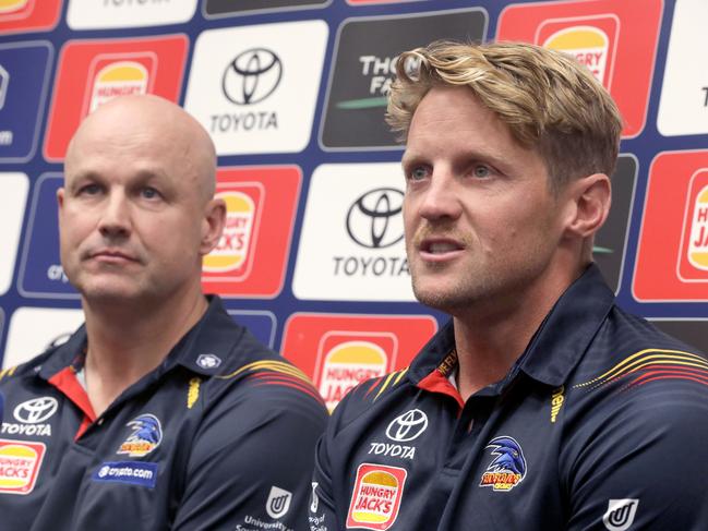 Crows Training - Rory Sloane Announcement - Rory Sloane  with Coach Matthew Nicks alongside, managed to hold it together quite well considering the emotion of the announcement of his retirement.29 April 2024. Picture Dean Martin