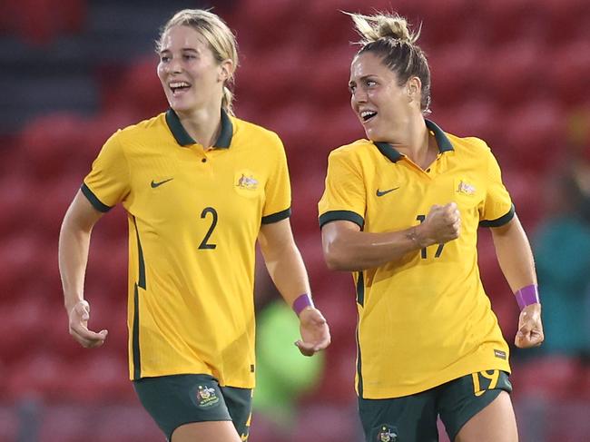 NEWCASTLE, AUSTRALIA - FEBRUARY 22: Katrina Gorry of the Matildas celebrates a goal wduring the Cup of Nations match between the Australia Matildas and Jamaica at McDonald Jones Stadium on February 22, 2023 in Newcastle, Australia. (Photo by Scott Gardiner/Getty Images)