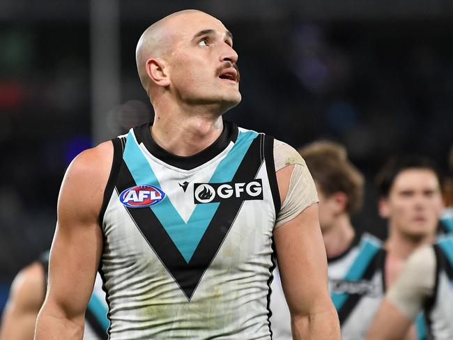 MELBOURNE, AUSTRALIA - JULY 15: Sam Powell-Pepper of the Power reacts following the 2023 AFL Round 18 match between the Carlton Blues and the Port Adelaide Power at Marvel Stadium on July 15, 2023 in Melbourne, Australia. (Photo by Morgan Hancock/AFL Photos via Getty Images)