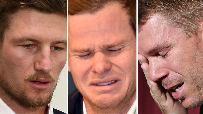 Cameron Bancroft, Steve Smith and David Warner. Picture: AFP