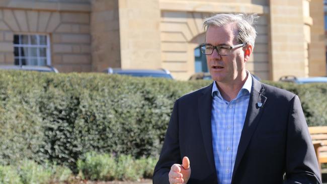 Deputy Premier Michael Ferguson announces the commencement of new mobile phone and seatbelt detection cameras on Parliament Lawns in Hobart on Monday, August 21, 2023.