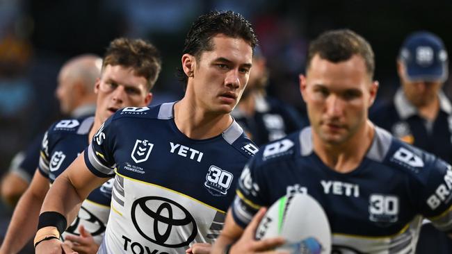 Mason Kira of the Cowboys warms up ahead of the 2025 NRL Pre-Season Challenge match between North Queensland Cowboys and Dolphins at Barlow Park on February 14, 2025 in Cairns, Australia. Picture: Emily Barker/Getty Images.