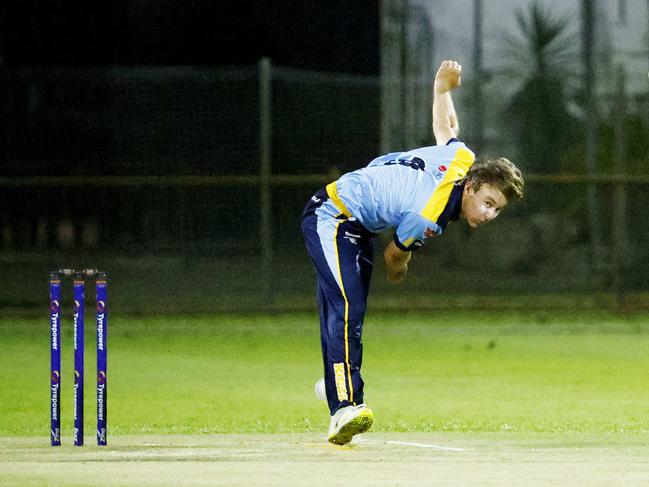 Far North Fusion bowler Henry King in the Queensland Bulls Masters Country Challenge cricket match between the Far North Fusion and the Darling Downs Suns, held at Griffiths Park. Picture: Brendan Radke