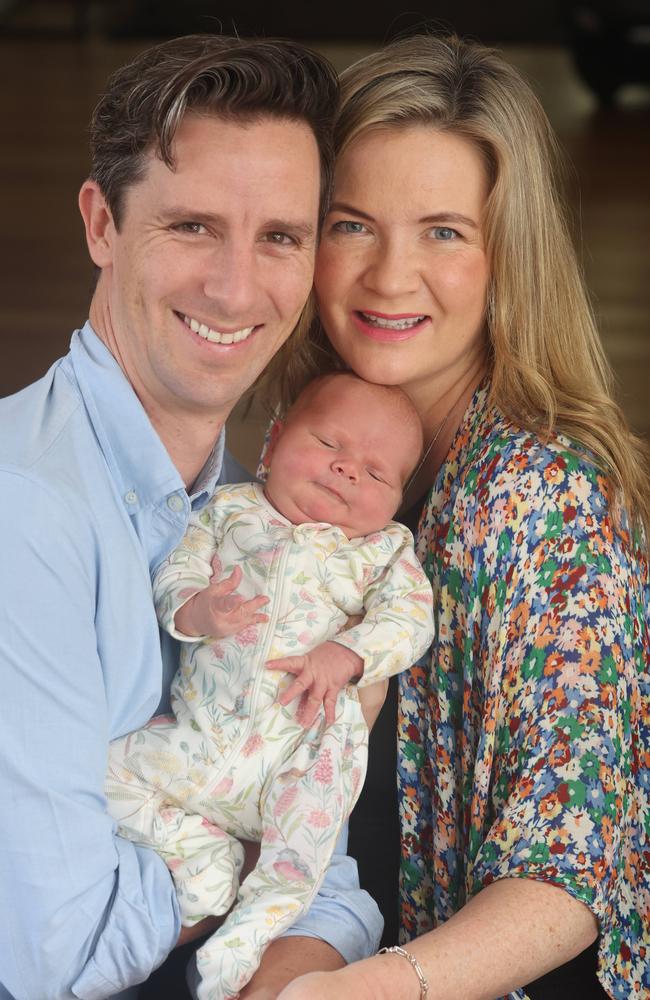 Byron Fay and Briony Benjamin with baby Alfie, who was born during the cyclone. Picture: Glenn Hampson.