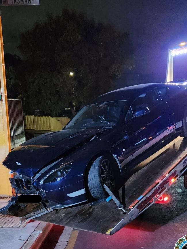 Police alleged about 7.14pm on Tuesday, patrols attempted to stop a blue Aston Martin Vantage sedan on North East Rd. Picture: SA Police